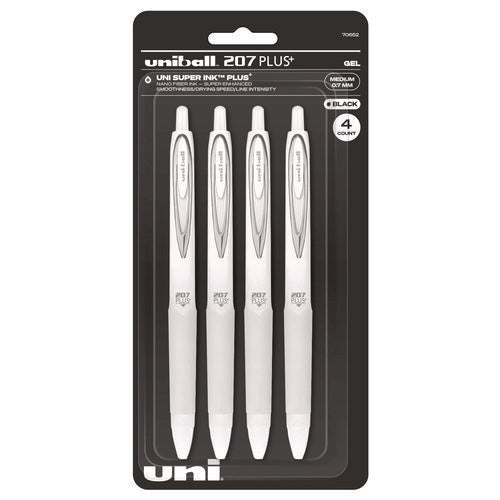 207 Plus+ Gel Pen, Retractable, Medium 0.7 Mm, Black Ink, White Barrel, 4/pack