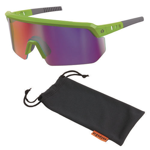 Skullerz Aegir Safety Glasses, Mirrored Lenses, Lime Nylon Impact Frame, Purple Mirror Polycarbonate Lens