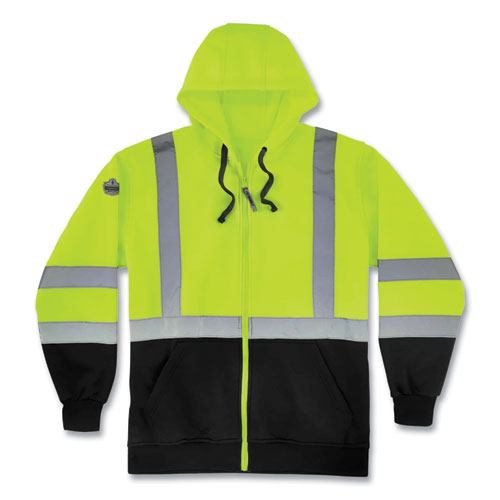 Glowear 8372 Zipup Hivis Class 3 Zip Hooded Sweatshirt With Black Bottom, Polar Fleece, Lime, X-large