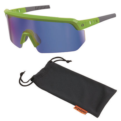 Skullerz Aegir Safety Glasses, Mirrored Lenses, Lime Nylon Impact Frame, Blue Mirror Polycarbonate Lens