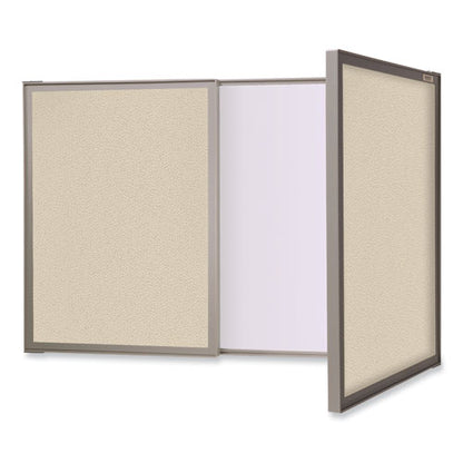 Visuall Pc Whiteboard Cabinet With Fabric Bulletin Board Exterior Doors, 36" X 24", Beige/white Surface, Satin Aluminum Frame