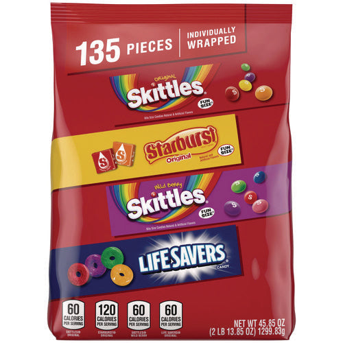 Skittles, Starburst And Life Savers Fun Size Fruity Candy Assortment, 45.85 Oz Bag, 135 Pieces, Individually Wrapped