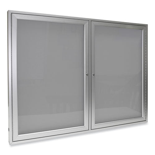 2 Door Enclosed Vinyl Bulletin Board With Satin Frame, 60" X 48", Silver Surface, Satin Aluminum Frame