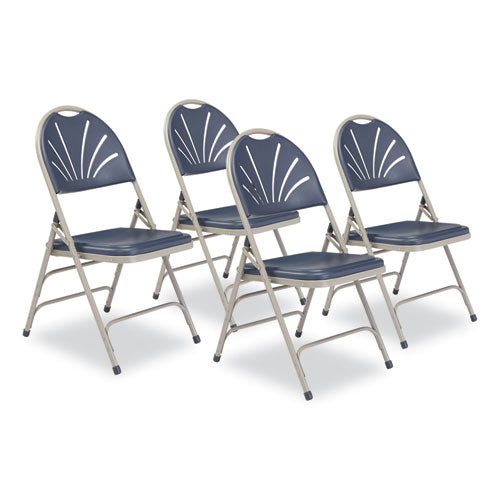 1100 Series Deluxe Fan-back Tri-brace Folding Chair, Supports Dark Blue Seat, Dark Blue Back, Gray Base, 4/carton