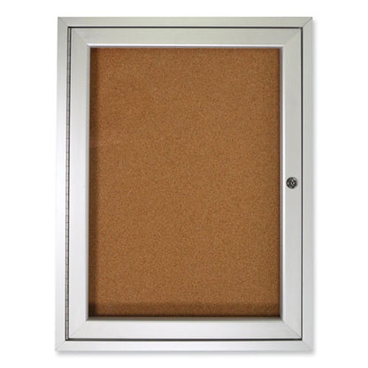 1 Door Enclosed Natural Cork Bulletin Board With Satin Frame, 18" X 24", Tan Surface, Satin Aluminum Frame