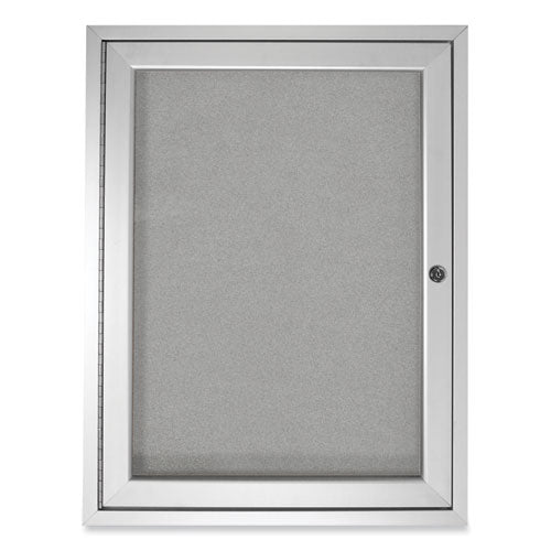 1 Door Enclosed Vinyl Bulletin Board With Satin Frame, 36" X 36", Silver Surface, Satin Aluminum Frame