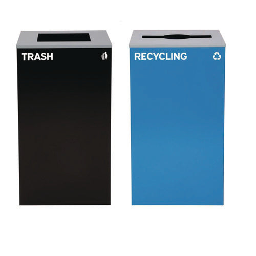 29 Gallon Trash/recycling Cans, Steel, Blue Recycling With Mixed Lid, Black Trash Can With Square Lid