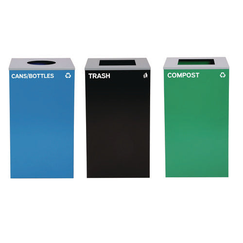 29 Gallon Trash/recycling Cans, Steel, Blue Cans/bottles With Circle Lid, Green Compost And Black Trash Cans With Square Lids