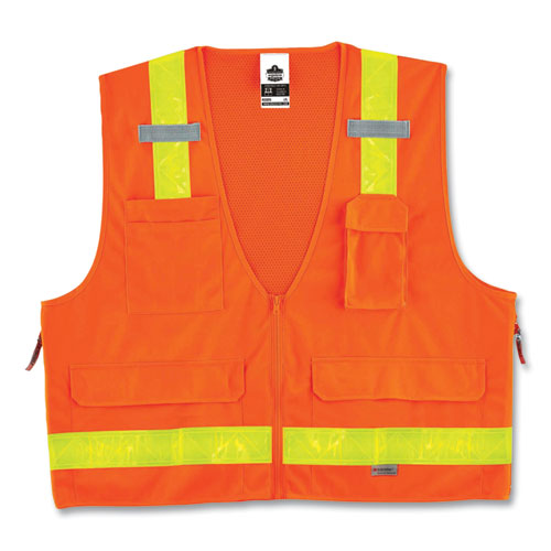 Glowear 8250zhg Class 2 Hi-gloss Surveyors Zipper Vest, Polyester, Large/x-large, Orange