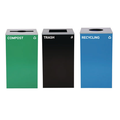 29 Gallon Trash/recycling Cans, Steel, Blue Recycling Can W/circle Lid, Green Compost W/mixed Lid, Black Trash W/square Lid