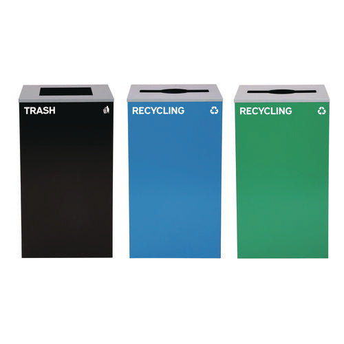 29 Gallon Trash/recycling Cans, Steel, Blue Recycling Can And Green Recycling Can W/mixed Lids, Black Trash Can W/square Lid