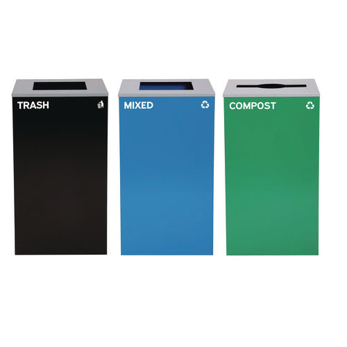 29 Gallon Trash/recycling Cans, Steel, Blue Mixed Recycling And Black Trash Cans W/square Lids, Green Compost Can W/mixed Lid