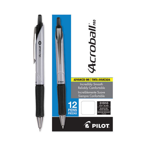 Acroball Pro Advanced Ink Hybrid Gel Pen, Retractable, Medium 1 Mm, Black Ink, Silver/black Barrel, Dozen