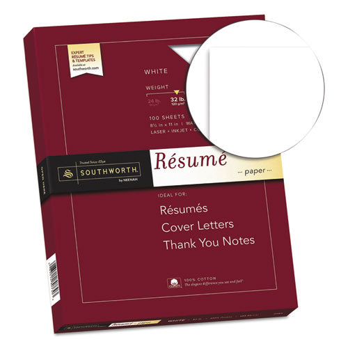 100% Cotton Resume Paper, 95 Bright, 32 Lb Bond Weight, 8.5 X 11, White, 100/pack