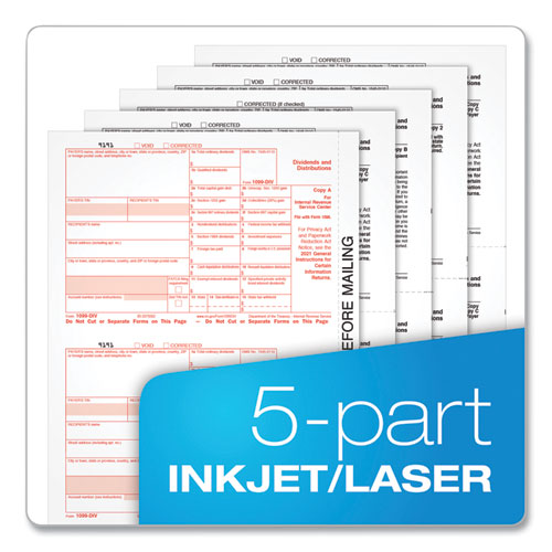 1099-div Tax Forms For Inkjet/laser Printers, Fiscal Year: 2023, Five-part Carbonless, 8 X 5.5, 2 Forms/sheet, 24 Forms Total