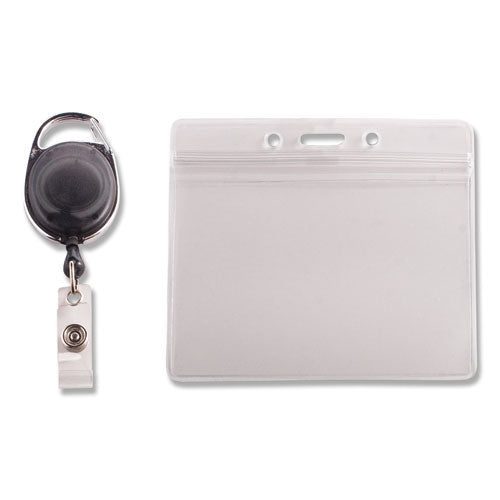 Resealable Id Badge Holders With 30" Cord Reel, Horizontal, Frosted 4.13" X 3.75" Holder, 3.75" X 2.63" Insert, 10/pack