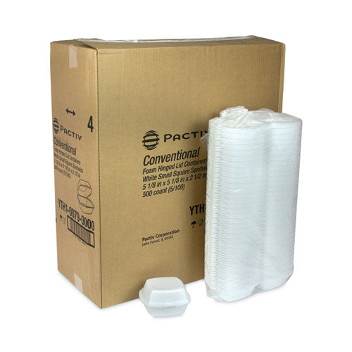 Foam Hinged Lid Container, Single Tab Lock, 5.13 X 5.13 X 2.5, White, 500/carton