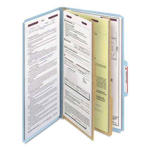 Six-section Pressboard Top Tab Classification Folders, Six Safeshield Fasteners, 2 Dividers, Legal Size, Blue, 10/box