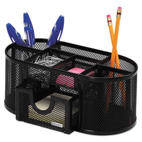 Mesh Oval Pencil Cup Organizer, 4 Compartments, Steel, 9.38 X 4.5 X 4, Black