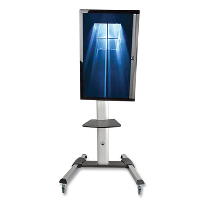 Flat Panel Floor Stand, Tilt Range: -12 To +5, Metal, 1 Shelf, 110 Lb Capacity, 32.6" X 27.6" X 81.5", Silver/black