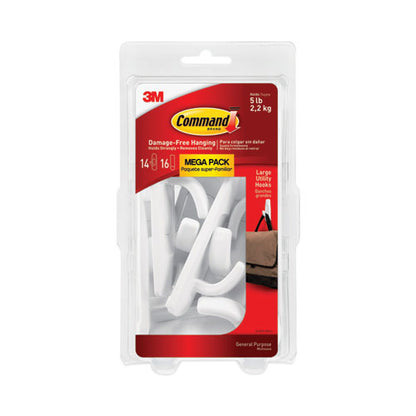 General Purpose Hooks, Large, Plastic, White, 5 Lb Capacity, 14 Hooks And 16 Strips/pack