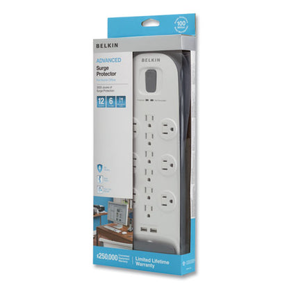 Home/office Surge Protector, 12 Ac Outlets, 6 Ft Cord, 3,996 J, White/black