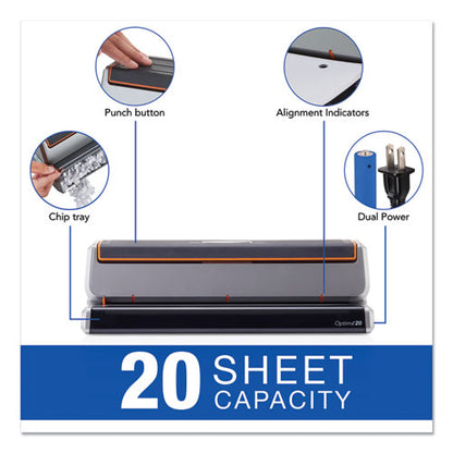 20-sheet Optima 20 Electric Punch, Three-hole, 9/32" Holes, Silver/black