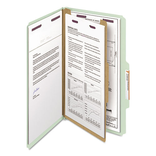 Pressboard Classification Folders, Four Safeshield Fasteners, 2/5-cut Tabs, 1 Divider, Legal Size, Gray-green, 10/box