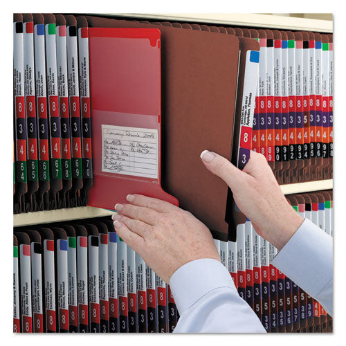 End Tab Pressboard Classification Folders, Six Safeshield Fasteners, 2" Expansion, 2 Dividers, Letter Size, Red, 10/box