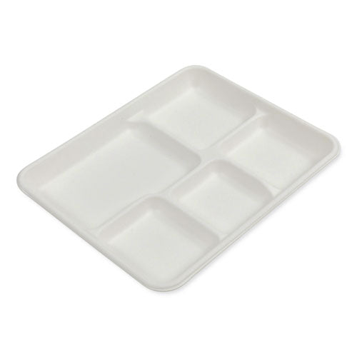Bagasse Pfas-free Food Tray, 5-compartment, 8.26 X 0.98 X 10.9, White, Bamboo/sugarcane, 500/carton