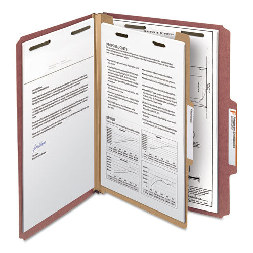 Recycled Pressboard Classification Folders, 2" Expansion, 1 Divider, 4 Fasteners, Letter Size, Red Exterior, 10/box