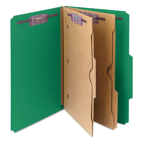 6-section Pressboard Top Tab Pocket Classification Folders, 6 Safeshield Fasteners, 2 Dividers, Legal Size, Green, 10/box