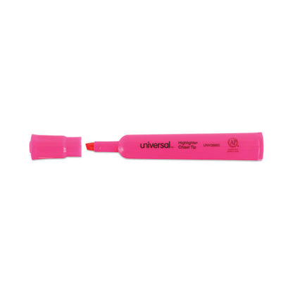 Desk Highlighters, Fluorescent Pink Ink, Chisel Tip, Pink Barrel, Dozen