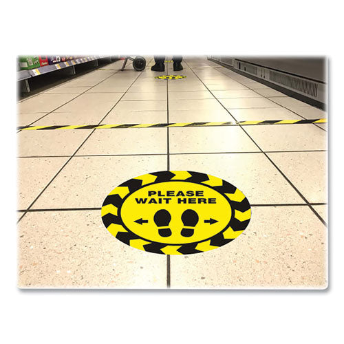 Social Distancing Floor Decals, 10.5" Dia, Please Wait Here, Yellow/black Face, Black Graphics, 5/pack