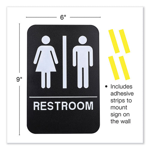 Indoor/outdoor Restroom With Braille Text, 6" X 9", Black Face, White Graphics, 3/pack