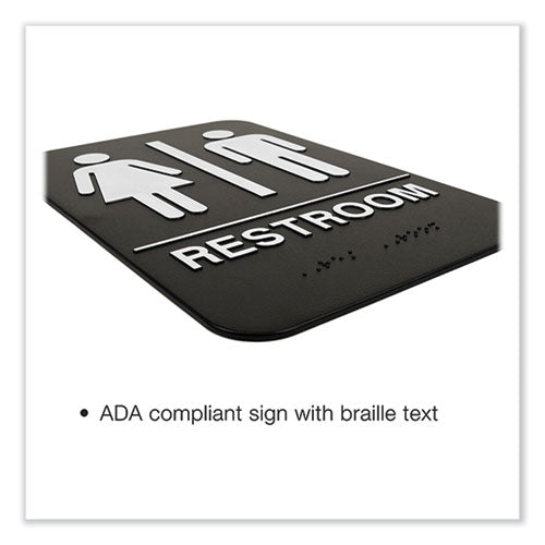 Indoor/outdoor Restroom With Braille Text, 6" X 9", Black Face, White Graphics, 3/pack