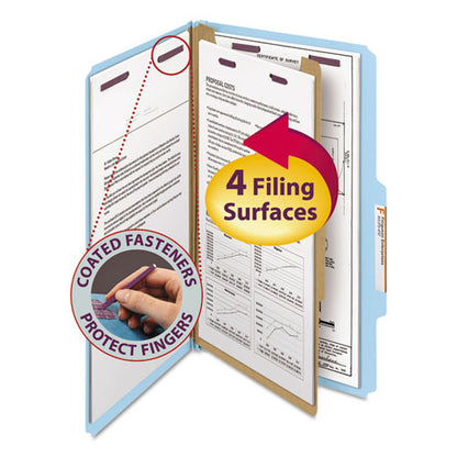 Four-section Pressboard Top Tab Classification Folders, Four Safeshield Fasteners, 1 Divider, Legal Size, Blue, 10/box