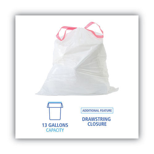 Drawstring Kitchen Bags, 13 Gal, 0.8 Mil, White, 50 Bags/roll, 2 Rolls/carton