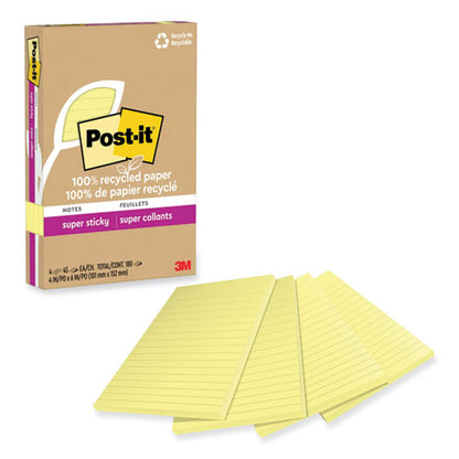100% Recycled Paper Super Sticky Notes, Ruled, 4" X 6", Canary Yellow, 45 Sheets/pad, 4 Pads/pack