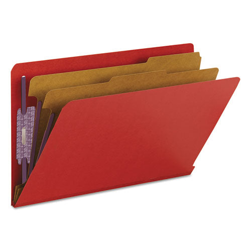 End Tab Pressboard Classification Folders, Six Safeshield Fasteners, 2" Expansion, 2 Dividers, Legal Size, Bright Red, 10/box