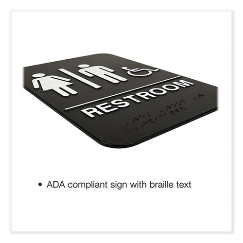 Indoor/outdoor Restroom Sign With Braille Text And Wheelchair, 6" X 9", Black Face, White Graphics, 3/pack