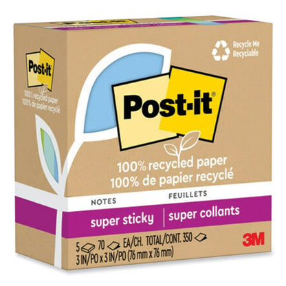 100% Recycled Paper Super Sticky Notes, 3" X 3", Oasis, 70 Sheets/pad, 5 Pads/pack