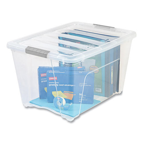 Stack And Pull Latching Flat Lid Storage Box, 13.5 Gal, 22" X 16.5" X 13.03", Clear