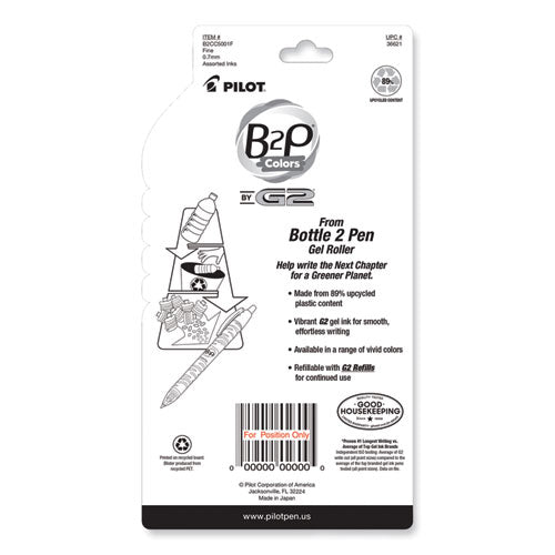 B2p Bottle-2-pen Recycled Gel Pen, Retractable, Fine 0.7 Mm, Assorted Ink And Barrel Colors, 5/pack