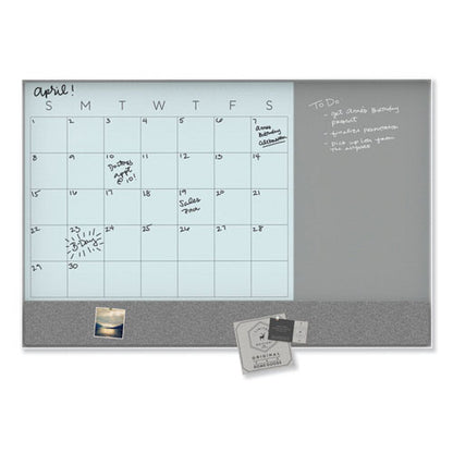 3n1 Magnetic Glass Dry Erase Combo Board, 47 X 35, Month View, Gray/white Surface, White Aluminum Frame