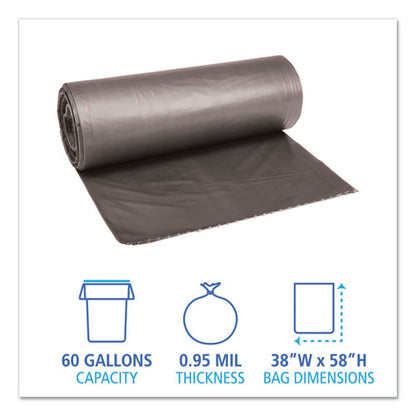 Low-density Waste Can Liners, 60 Gal, 0.95 Mil, 38" X 58", Gray, 25 Bags/roll, 4 Rolls/carton