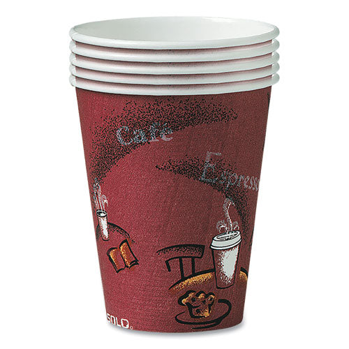 Paper Hot Drink Cups In Bistro Design, 10 Oz, Maroon, 300/carton