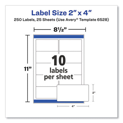 Glossy White Easy Peel Mailing Labels W/ Sure Feed Technology, Laser Printers, 2 X 4, White, 10/sheet, 25 Sheets/pack