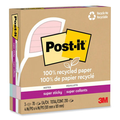 100% Recycled Paper Super Sticky Notes, Ruled, 4" X 4", Wanderlust Pastels, 70 Sheets/pad, 3 Pads/pack