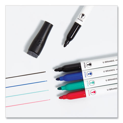 Medium Point Low-odor Dry-erase Markers With Erasers, Medium Bullet Tip, Assorted Colors, 12/pack